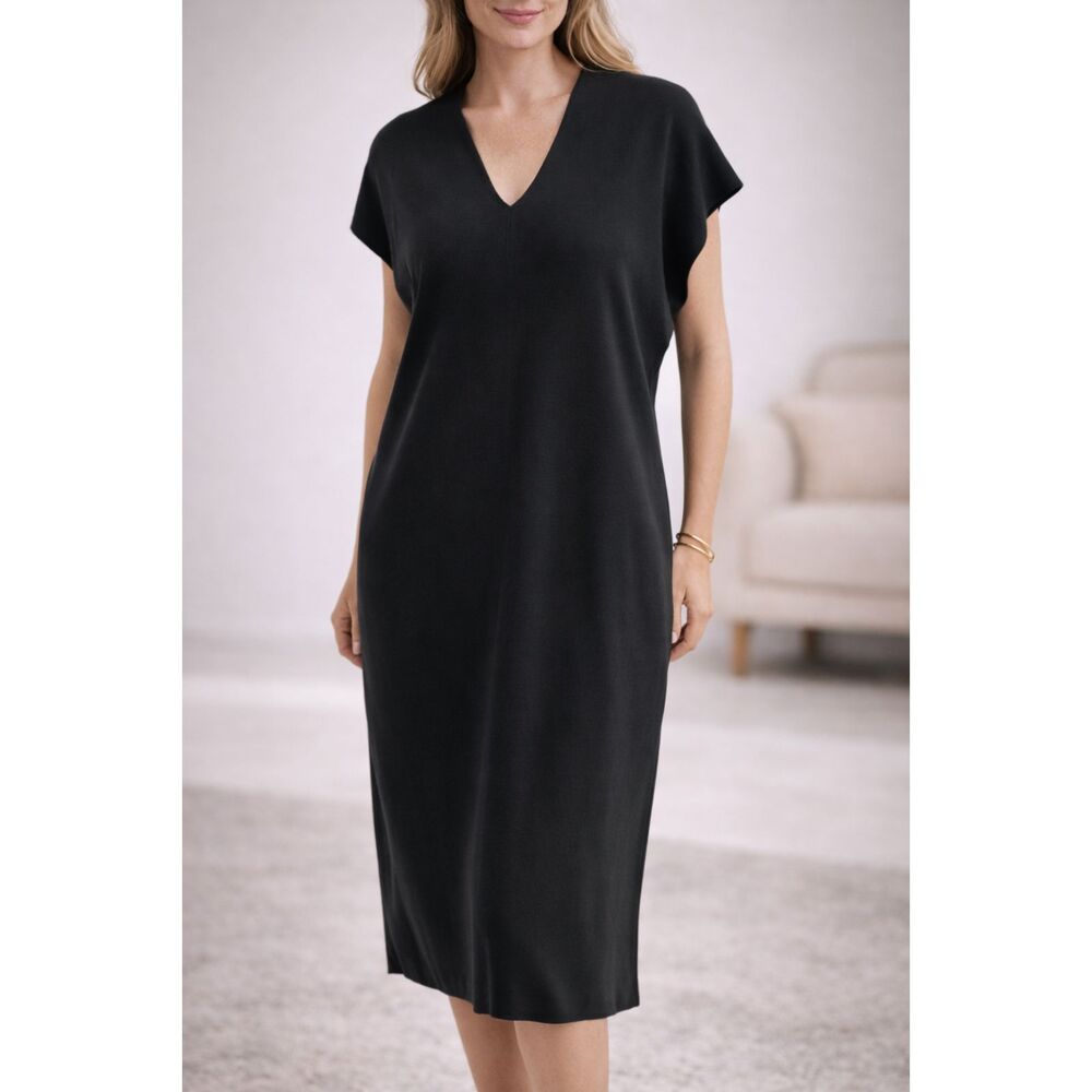 Peruvian Connection Black V-Neck Midi Dress 100% Pima Cotton Made in Peru